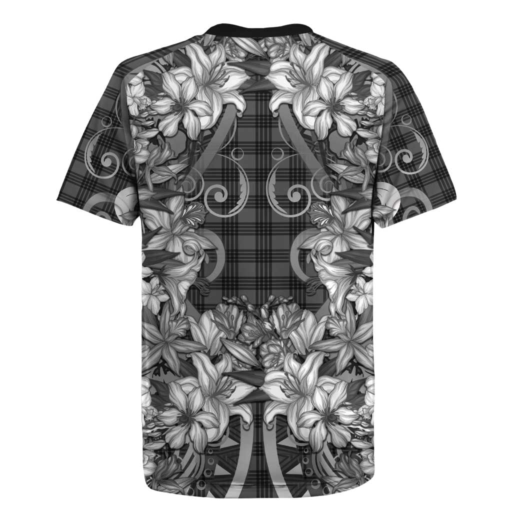 Hawaii Palaka Rugby Jersey Black Tribal Pattern With Tropical Flowers LT05 - Polynesian Pride