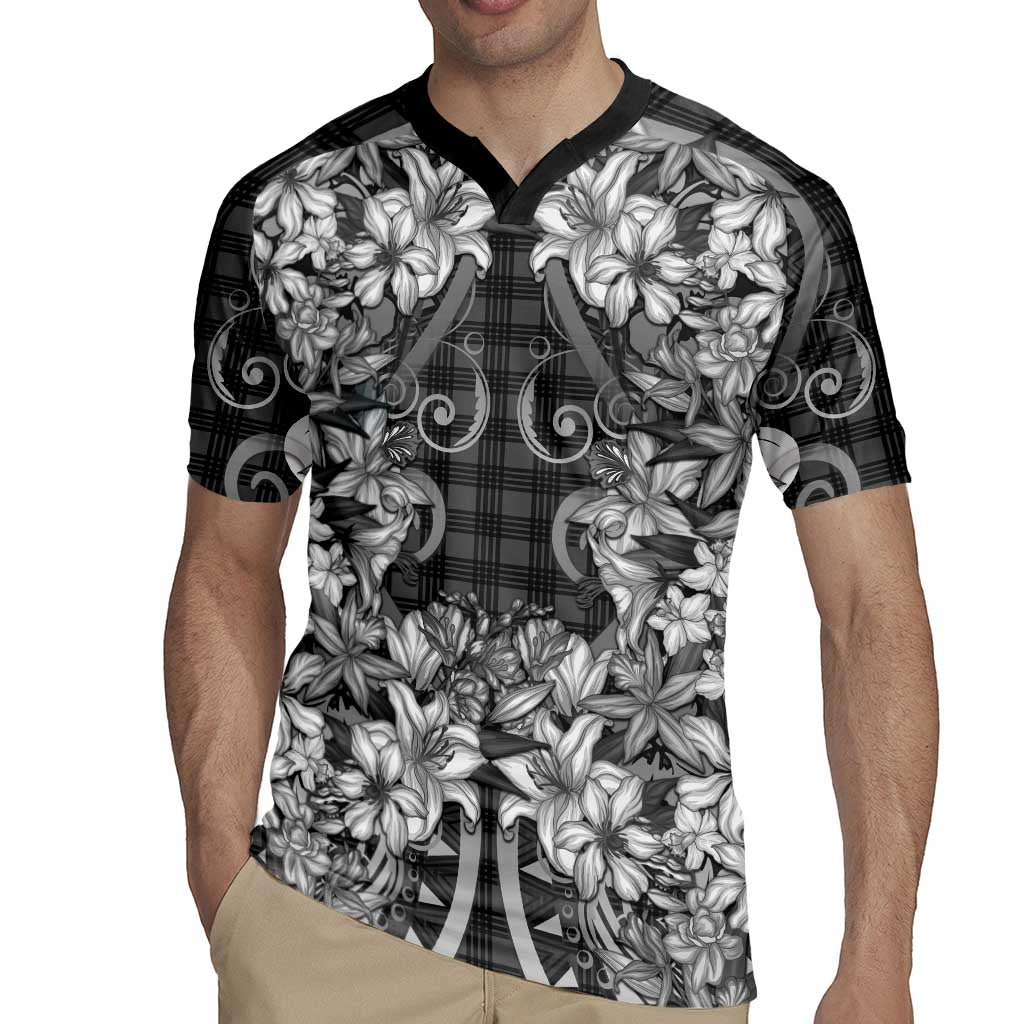 Hawaii Palaka Rugby Jersey Black Tribal Pattern With Tropical Flowers LT05 - Polynesian Pride