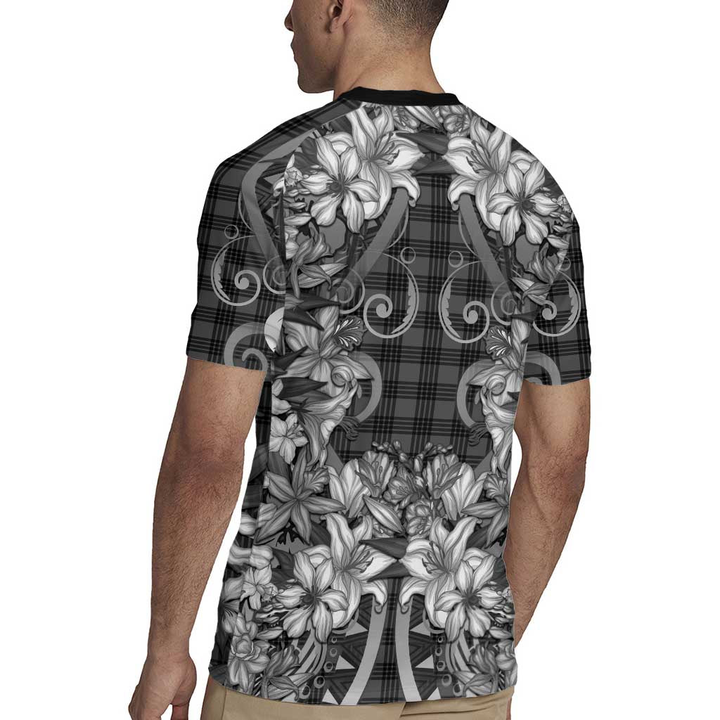 Hawaii Palaka Rugby Jersey Black Tribal Pattern With Tropical Flowers LT05 - Polynesian Pride