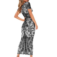 Hawaii Palaka Short Sleeve Bodycon Dress Black Tribal Pattern With Tropical Flowers - Polynesian Pride