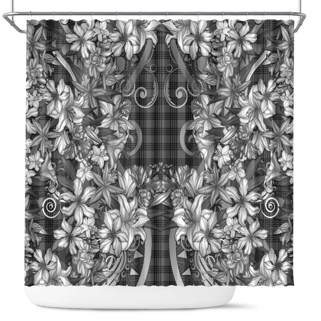 Hawaii Palaka Shower Curtain Black Tribal Pattern With Tropical Flowers LT05 Black - Polynesian Pride