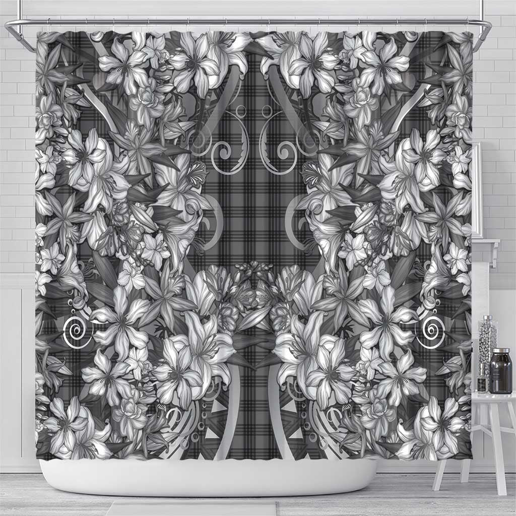 Hawaii Palaka Shower Curtain Black Tribal Pattern With Tropical Flowers LT05 - Polynesian Pride