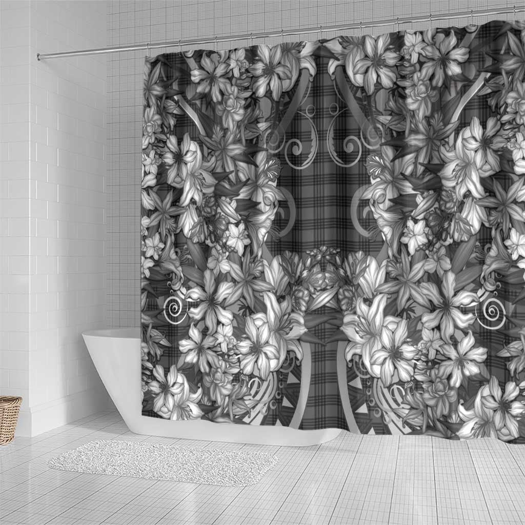 Hawaii Palaka Shower Curtain Black Tribal Pattern With Tropical Flowers LT05 - Polynesian Pride