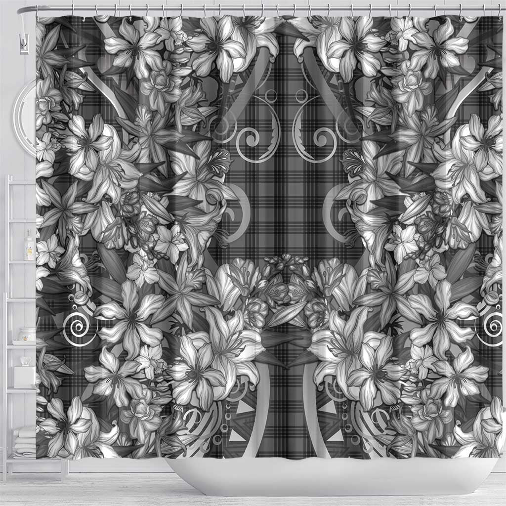 Hawaii Palaka Shower Curtain Black Tribal Pattern With Tropical Flowers LT05 - Polynesian Pride