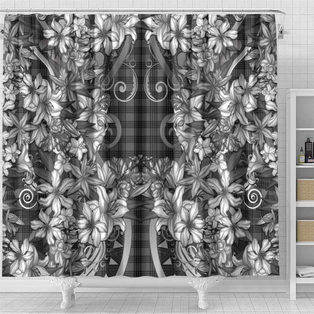 Hawaii Palaka Shower Curtain Black Tribal Pattern With Tropical Flowers LT05 - Polynesian Pride