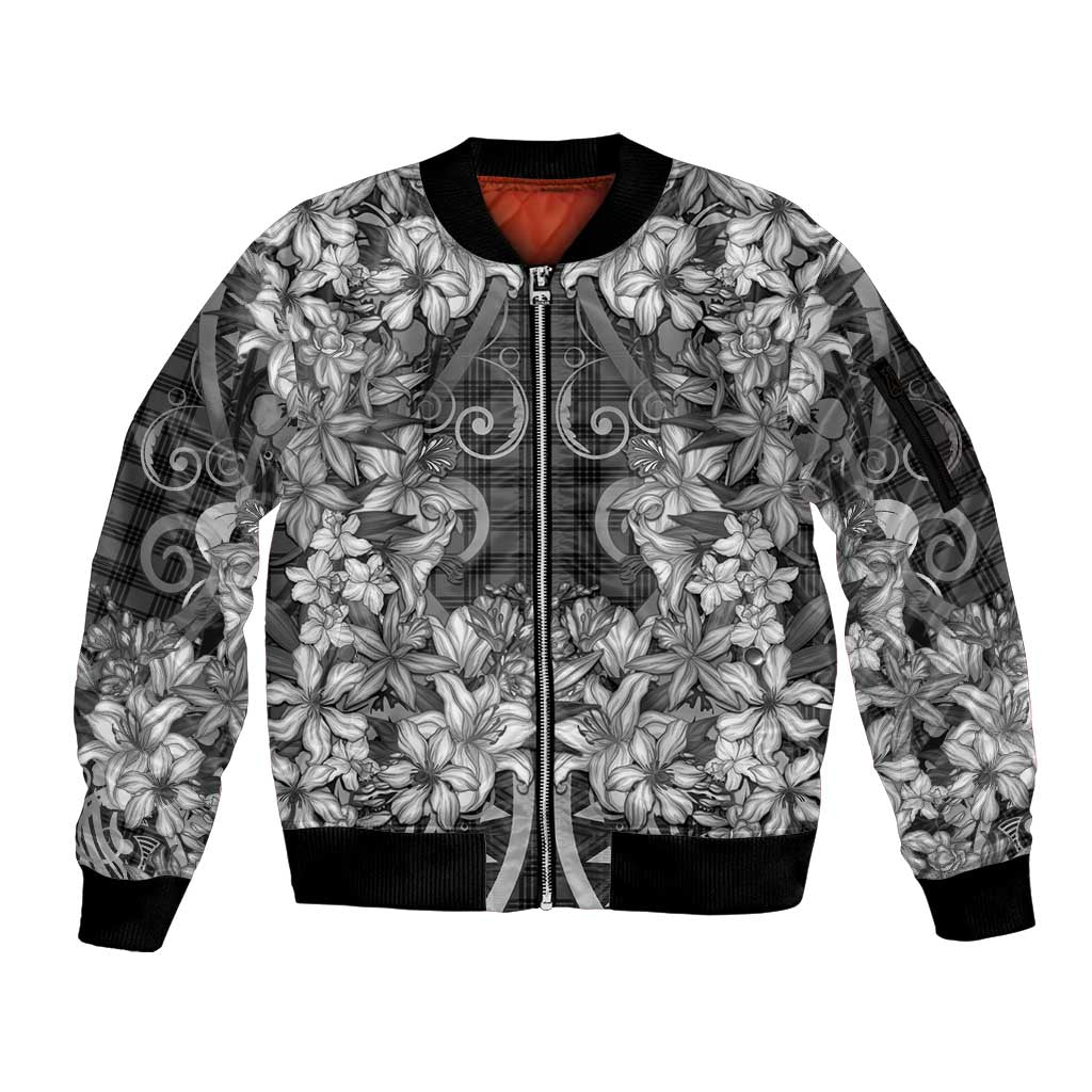 Hawaii Palaka Sleeve Zip Bomber Jacket Black Tribal Pattern With Tropical Flowers LT05 Unisex Black - Polynesian Pride