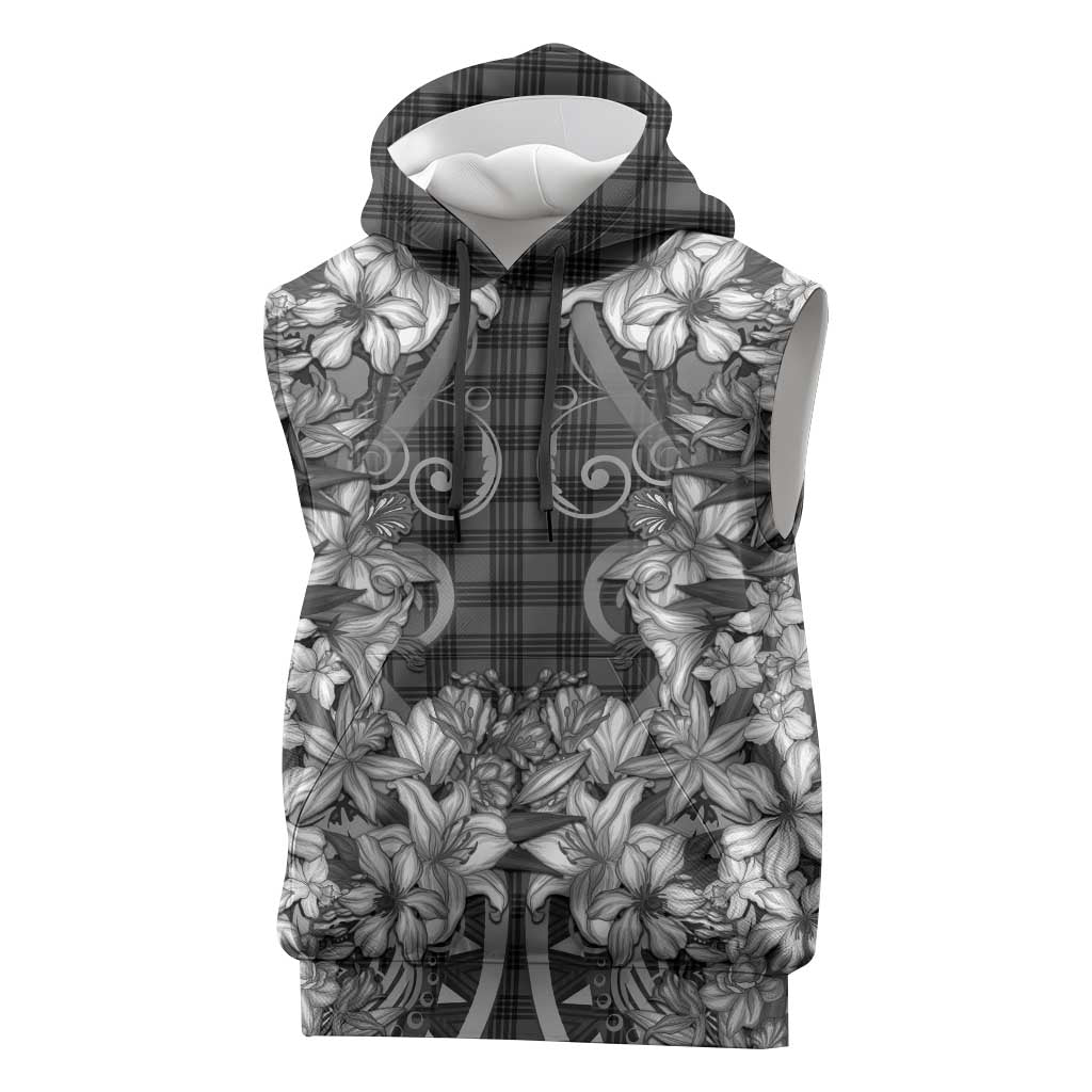 Hawaii Palaka Sleeveless Hoodie Black Tribal Pattern With Tropical Flowers LT05 Black - Polynesian Pride