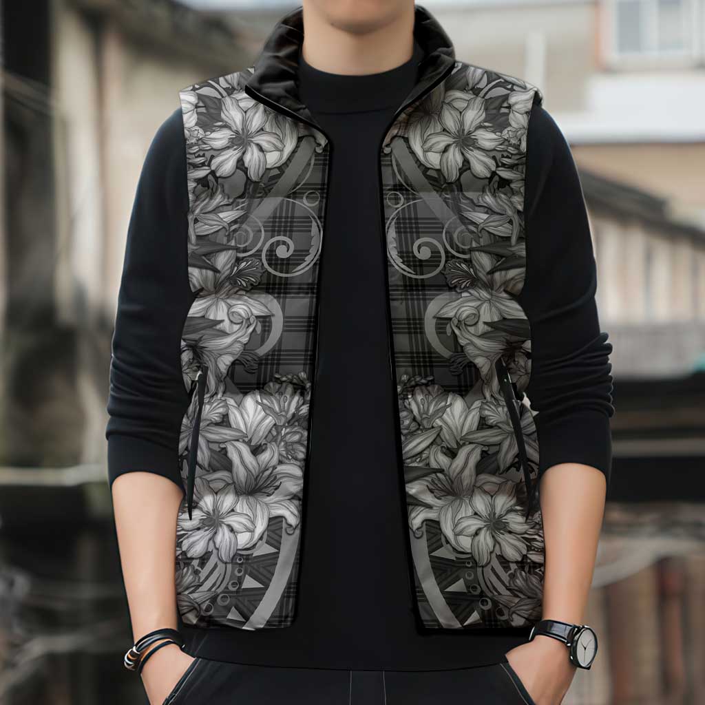 Hawaii Palaka Sleeveless Puffer Jacket Black Tribal Pattern With Tropical Flowers - Polynesian Pride