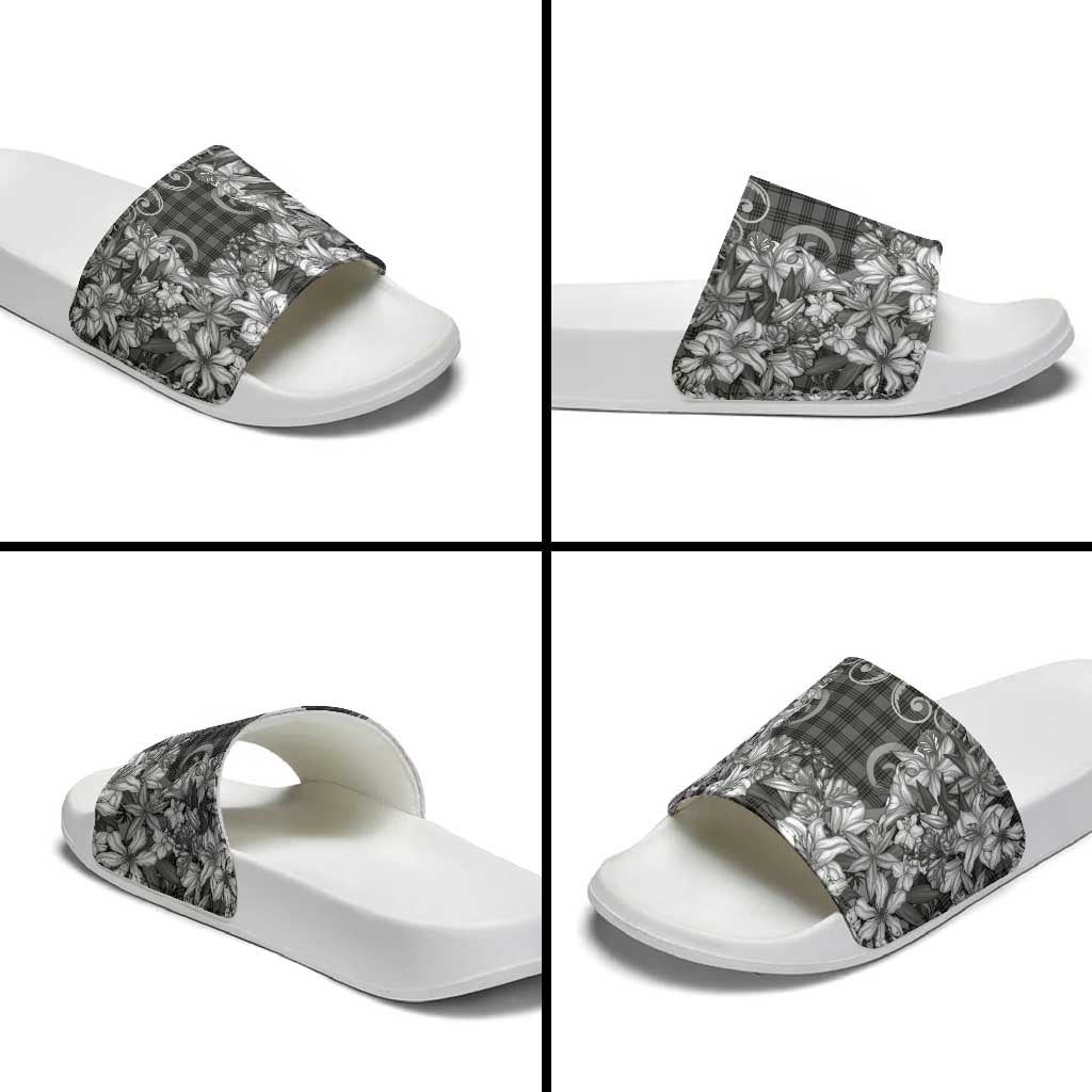 Hawaii Palaka Slide Sandals Black Tribal Pattern With Tropical Flowers - Polynesian Pride