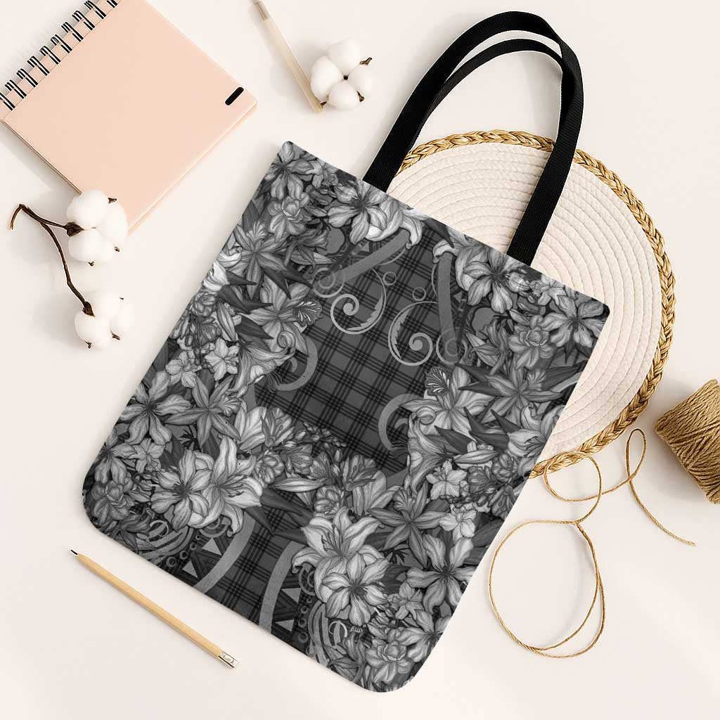 Hawaii Palaka Tote Bag Black Tribal Pattern With Tropical Flowers LT05 Black Strap One Size Black - Polynesian Pride