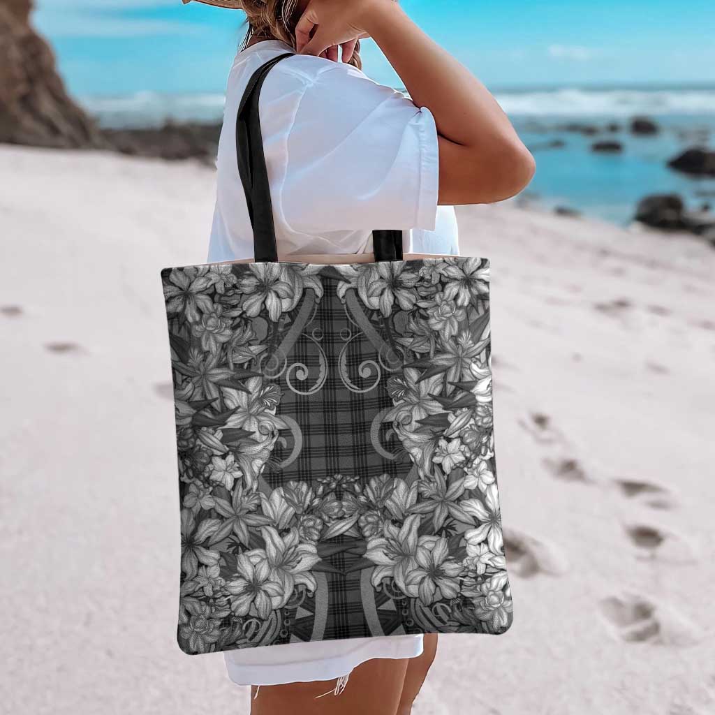 Hawaii Palaka Tote Bag Black Tribal Pattern With Tropical Flowers LT05 - Polynesian Pride