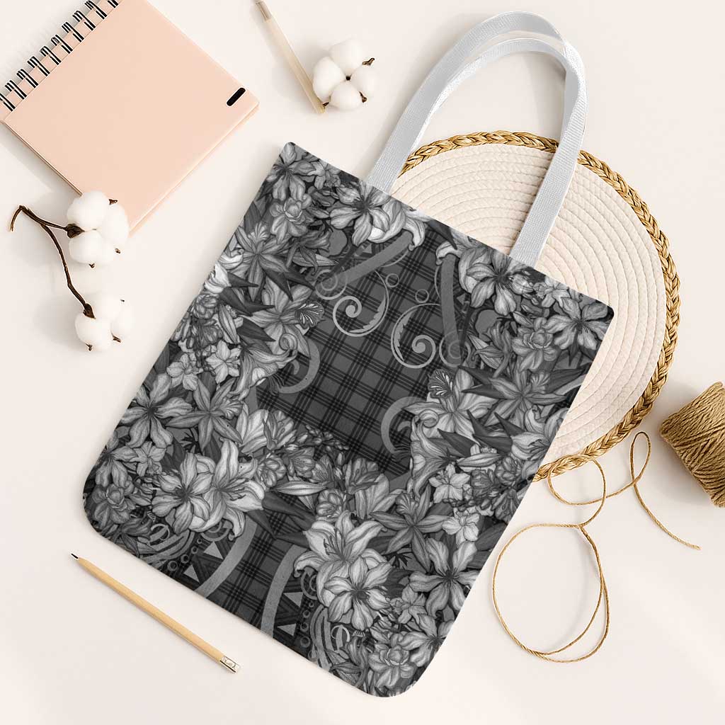 Hawaii Palaka Tote Bag Black Tribal Pattern With Tropical Flowers LT05 White Strap One Size Black - Polynesian Pride