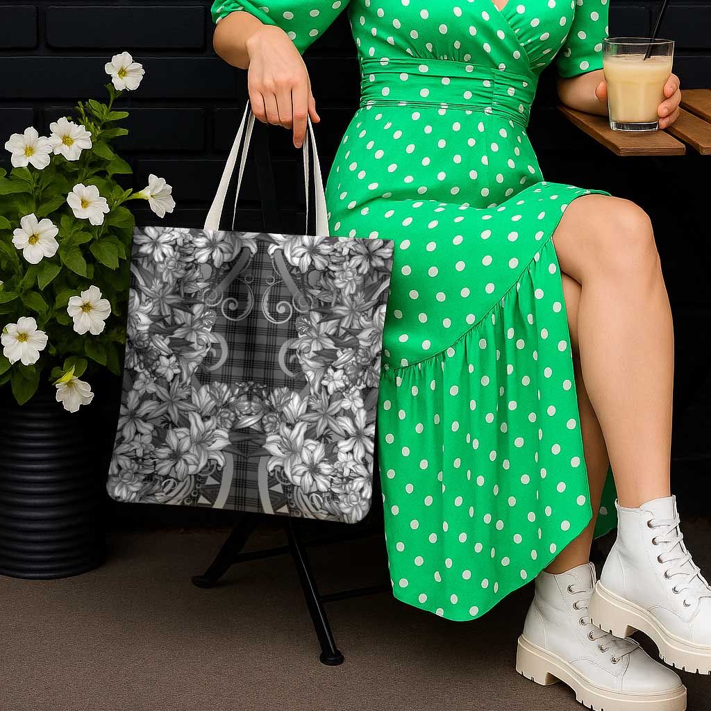 Hawaii Palaka Tote Bag Black Tribal Pattern With Tropical Flowers LT05 - Polynesian Pride