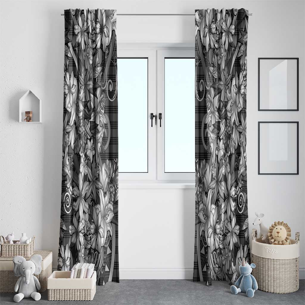 Hawaii Palaka Window Curtain Black Tribal Pattern With Tropical Flowers - Polynesian Pride