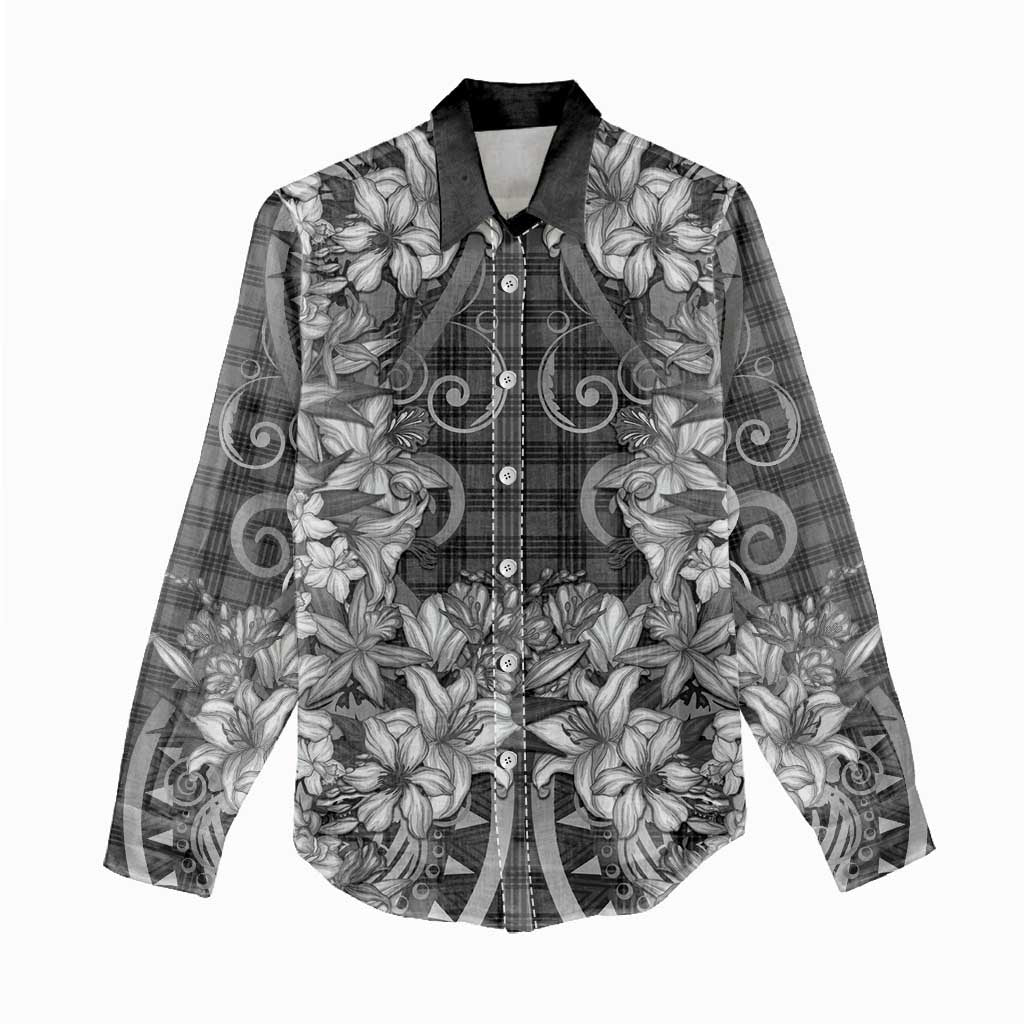 Hawaii Palaka Women Casual Shirt Black Tribal Pattern With Tropical Flowers - Polynesian Pride