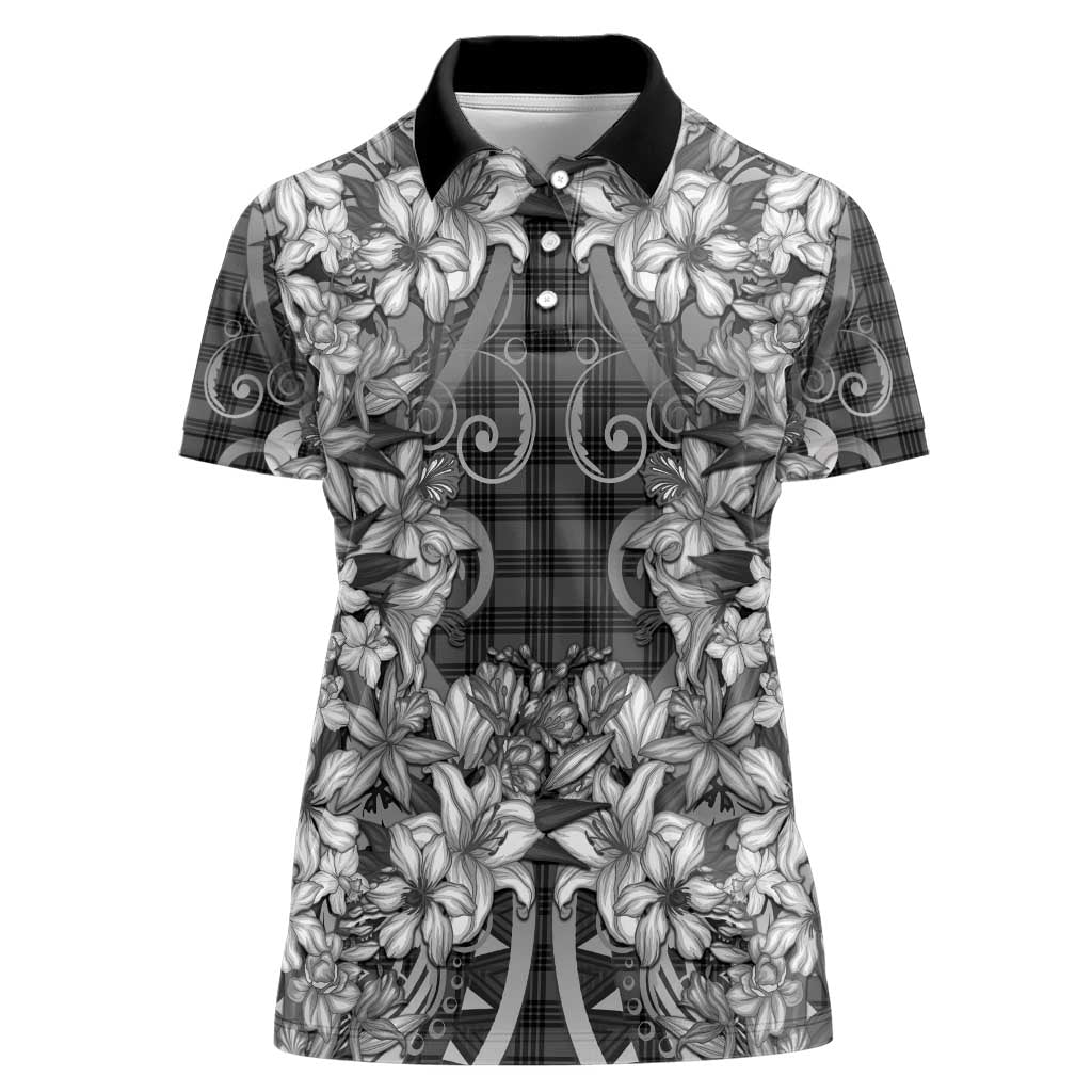 Hawaii Palaka Women Polo Shirt Black Tribal Pattern With Tropical Flowers - Polynesian Pride
