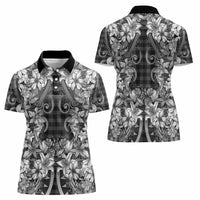 Hawaii Palaka Women Polo Shirt Black Tribal Pattern With Tropical Flowers - Polynesian Pride