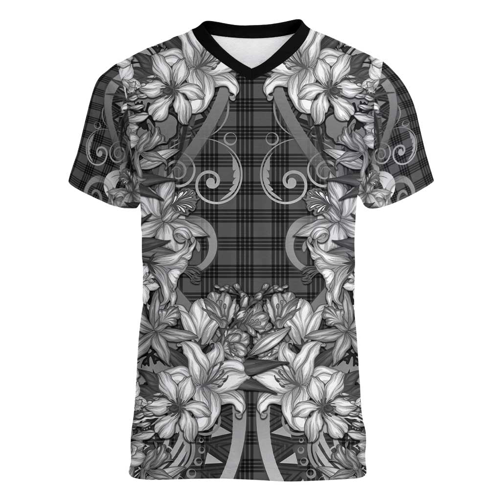 Hawaii Palaka Women V-Neck T-Shirt Black Tribal Pattern With Tropical Flowers LT05 Female Black - Polynesian Pride