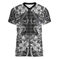 Hawaii Palaka Women V-Neck T-Shirt Black Tribal Pattern With Tropical Flowers LT05 Female Black - Polynesian Pride