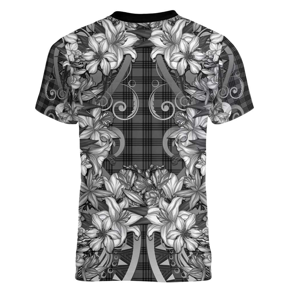 Hawaii Palaka Women V-Neck T-Shirt Black Tribal Pattern With Tropical Flowers LT05 - Polynesian Pride