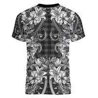 Hawaii Palaka Women V-Neck T-Shirt Black Tribal Pattern With Tropical Flowers LT05 - Polynesian Pride