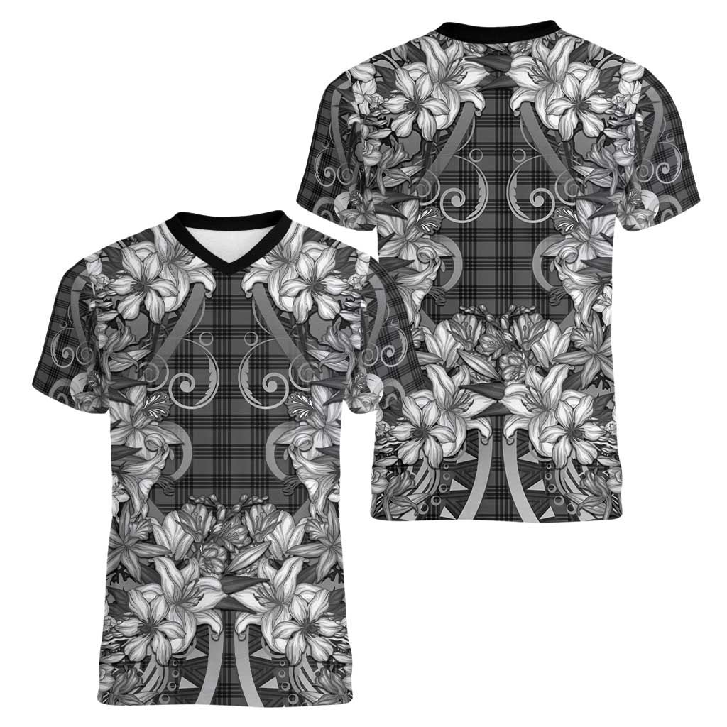 Hawaii Palaka Women V-Neck T-Shirt Black Tribal Pattern With Tropical Flowers LT05 - Polynesian Pride