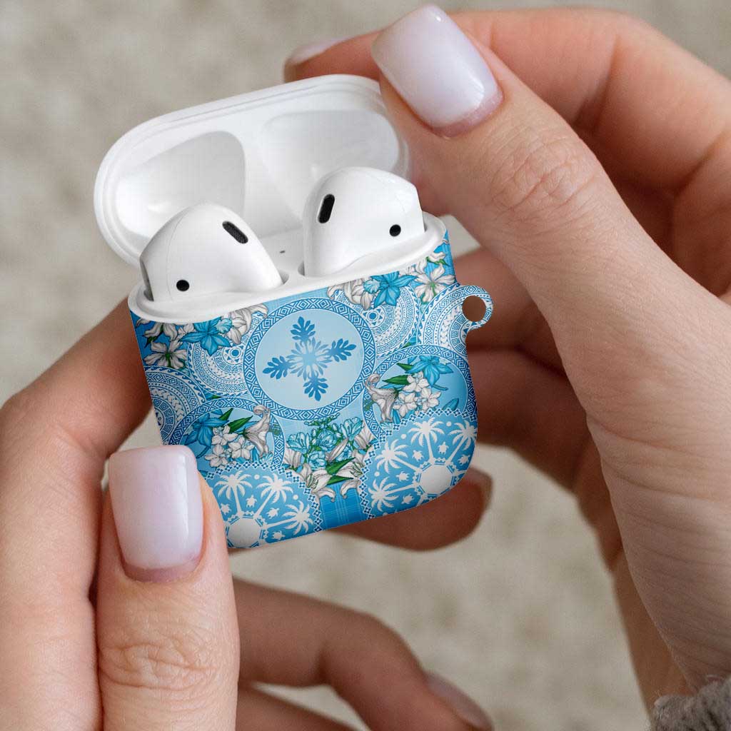 Hawaii Cyan Palaka AirPods Case With Tapa Pattern Tropical Flowers - Polynesian Pride