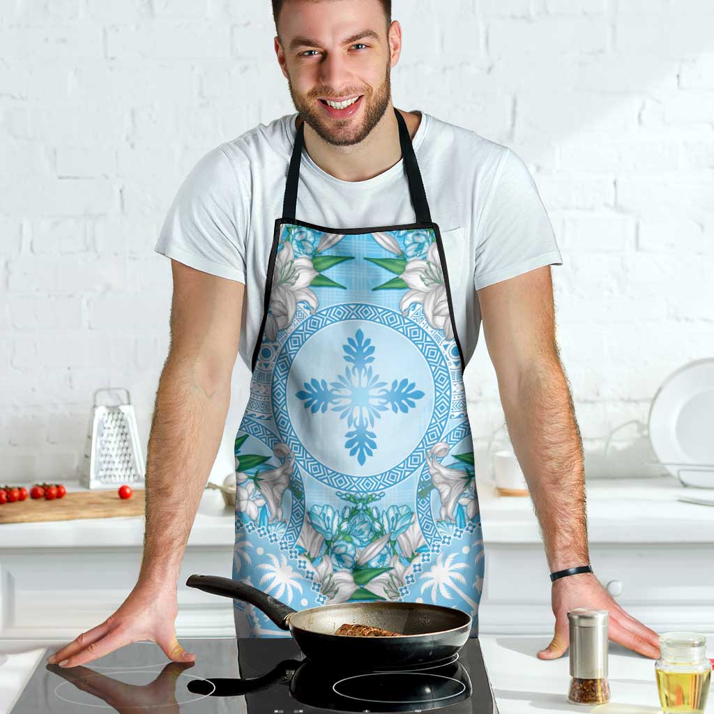 Hawaii Cyan Palaka Apron With Tapa Pattern Tropical Flowers - Polynesian Pride