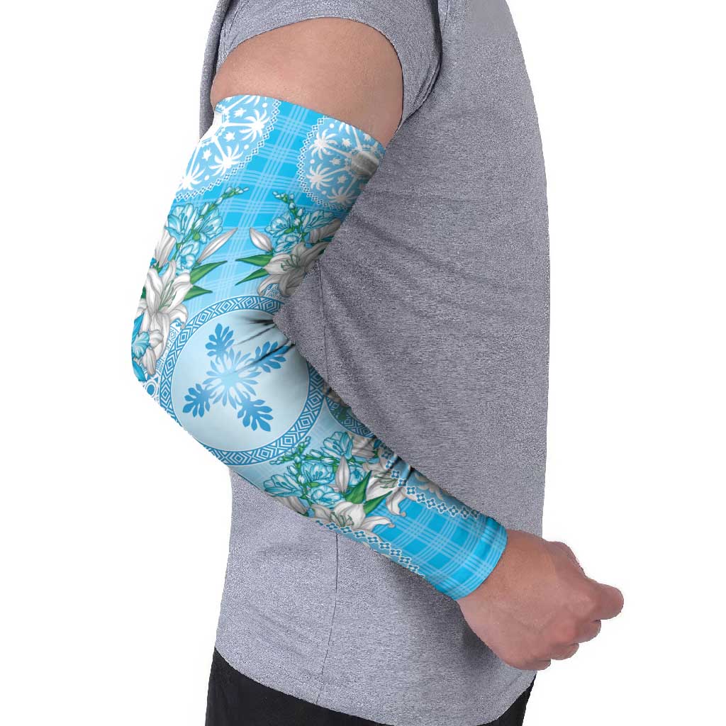 Hawaii Cyan Palaka Arm Sleeves With Tapa Pattern Tropical Flowers LT05 - Polynesian Pride