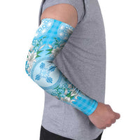 Hawaii Cyan Palaka Arm Sleeves With Tapa Pattern Tropical Flowers LT05 - Polynesian Pride