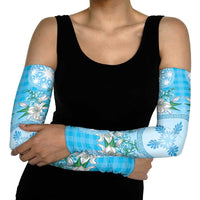 Hawaii Cyan Palaka Arm Sleeves With Tapa Pattern Tropical Flowers LT05 - Polynesian Pride