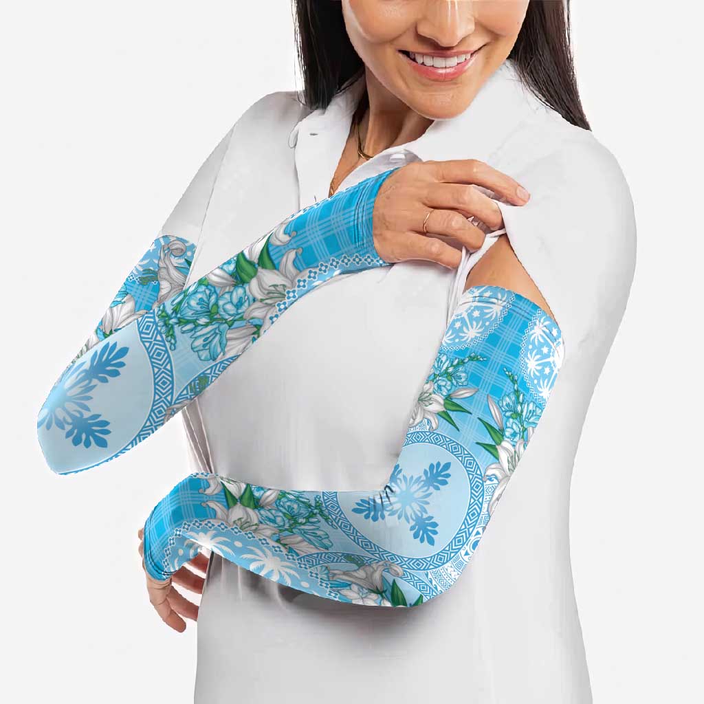 Hawaii Cyan Palaka Arm Sleeves With Tapa Pattern Tropical Flowers LT05 - Polynesian Pride