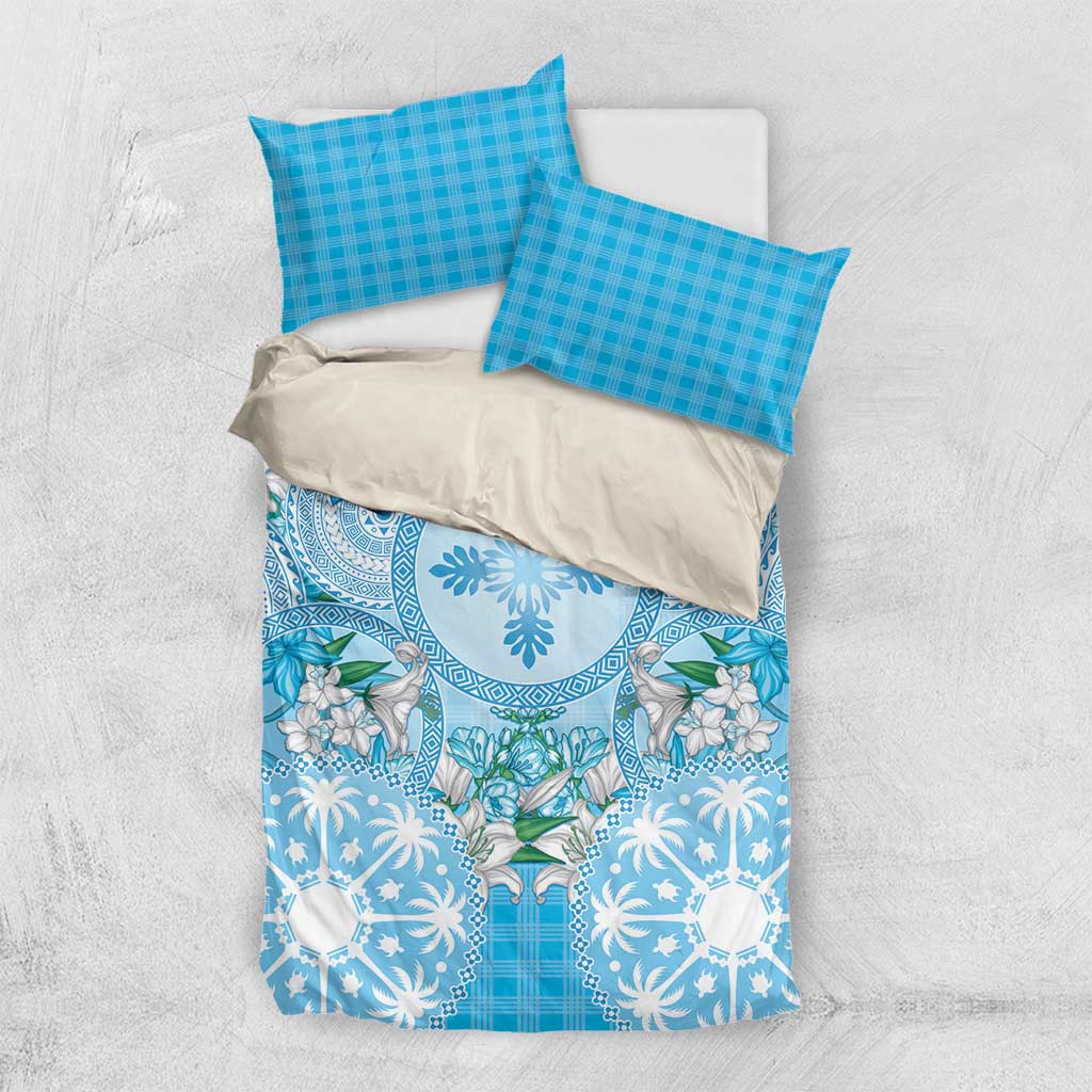 Hawaii Cyan Palaka Bedding Set With Tapa Pattern Tropical Flowers - Polynesian Pride