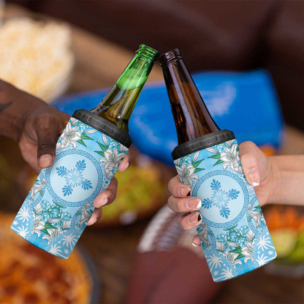 Hawaii Cyan Palaka 4 in 1 Can Cooler Tumbler With Tapa Pattern Tropical Flowers LT05 - Polynesian Pride