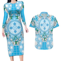 Hawaii Cyan Palaka Couples Matching Long Sleeve Bodycon Dress and Hawaiian Shirt With Tapa Pattern Tropical Flowers LT05 Cyan - Polynesian Pride