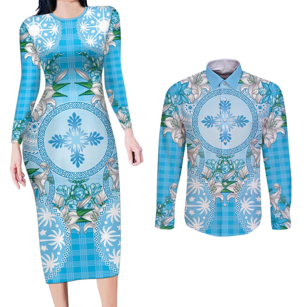 Hawaii Cyan Palaka Couples Matching Long Sleeve Bodycon Dress and Long Sleeve Button Shirt With Tapa Pattern Tropical Flowers LT05 Cyan - Polynesian Pride