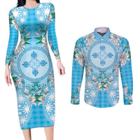 Hawaii Cyan Palaka Couples Matching Long Sleeve Bodycon Dress and Long Sleeve Button Shirt With Tapa Pattern Tropical Flowers LT05 Cyan - Polynesian Pride