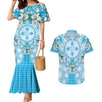 Hawaii Cyan Palaka Couples Matching Mermaid Dress and Hawaiian Shirt With Tapa Pattern Tropical Flowers LT05 Cyan - Polynesian Pride