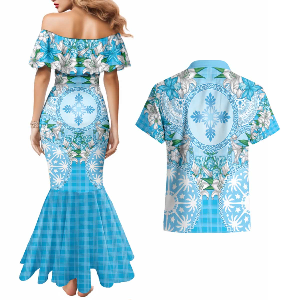 Hawaii Cyan Palaka Couples Matching Mermaid Dress and Hawaiian Shirt With Tapa Pattern Tropical Flowers LT05 - Polynesian Pride