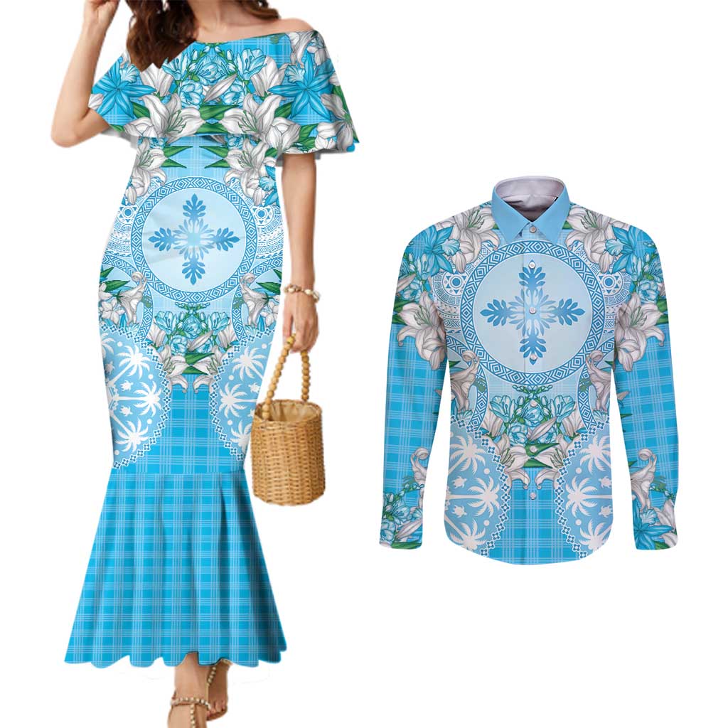 Hawaii Cyan Palaka Couples Matching Mermaid Dress and Long Sleeve Button Shirt With Tapa Pattern Tropical Flowers LT05 Cyan - Polynesian Pride