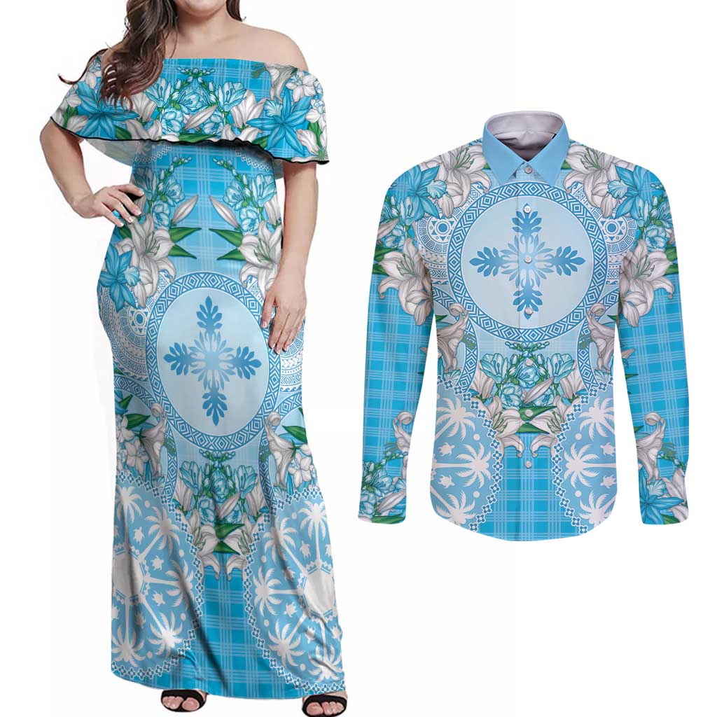 Hawaii Cyan Palaka Couples Matching Off Shoulder Maxi Dress and Long Sleeve Button Shirt With Tapa Pattern Tropical Flowers LT05 Cyan - Polynesian Pride