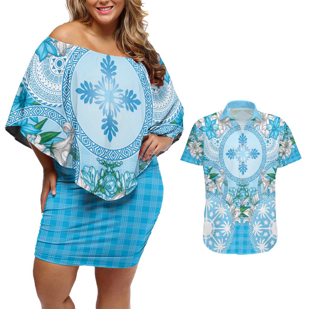 Hawaii Cyan Palaka Couples Matching Off Shoulder Short Dress and Hawaiian Shirt With Tapa Pattern Tropical Flowers LT05 Cyan - Polynesian Pride