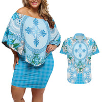 Hawaii Cyan Palaka Couples Matching Off Shoulder Short Dress and Hawaiian Shirt With Tapa Pattern Tropical Flowers LT05 Cyan - Polynesian Pride