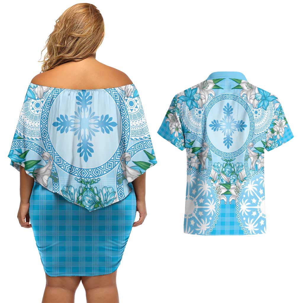 Hawaii Cyan Palaka Couples Matching Off Shoulder Short Dress and Hawaiian Shirt With Tapa Pattern Tropical Flowers LT05 - Polynesian Pride