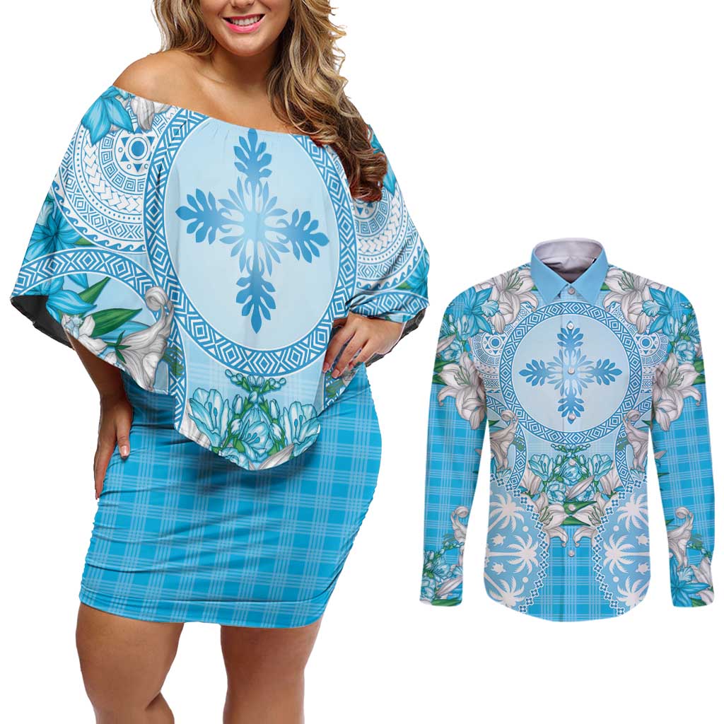Hawaii Cyan Palaka Couples Matching Off Shoulder Short Dress and Long Sleeve Button Shirt With Tapa Pattern Tropical Flowers LT05 Cyan - Polynesian Pride