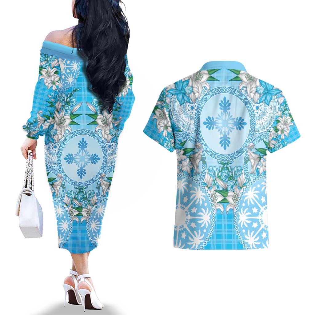 Hawaii Cyan Palaka Couples Matching Off The Shoulder Long Sleeve Dress and Hawaiian Shirt With Tapa Pattern Tropical Flowers LT05 - Polynesian Pride