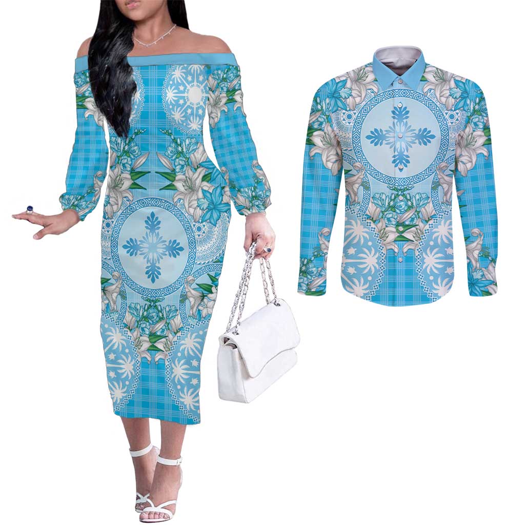 Hawaii Cyan Palaka Couples Matching Off The Shoulder Long Sleeve Dress and Long Sleeve Button Shirt With Tapa Pattern Tropical Flowers LT05 Cyan - Polynesian Pride