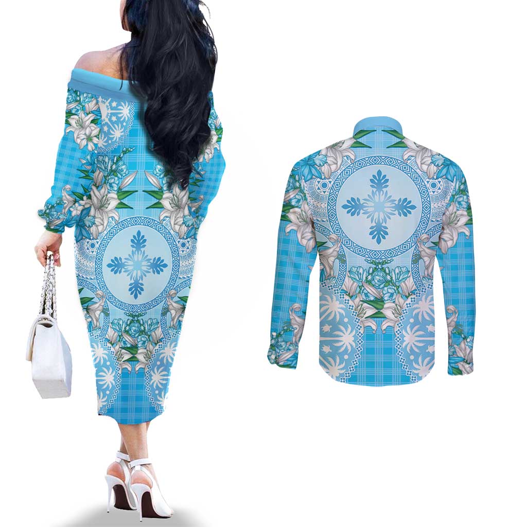 Hawaii Cyan Palaka Couples Matching Off The Shoulder Long Sleeve Dress and Long Sleeve Button Shirt With Tapa Pattern Tropical Flowers LT05 - Polynesian Pride