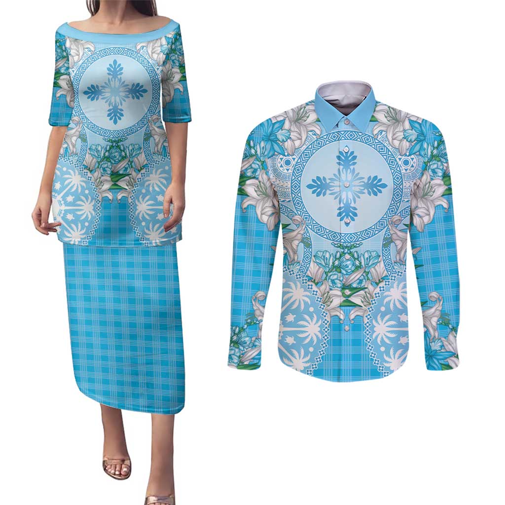 Hawaii Cyan Palaka Couples Matching Puletasi and Long Sleeve Button Shirt With Tapa Pattern Tropical Flowers LT05 Cyan - Polynesian Pride