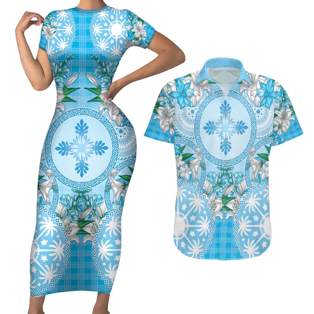 Hawaii Cyan Palaka Couples Matching Short Sleeve Bodycon Dress and Hawaiian Shirt With Tapa Pattern Tropical Flowers LT05 Cyan - Polynesian Pride